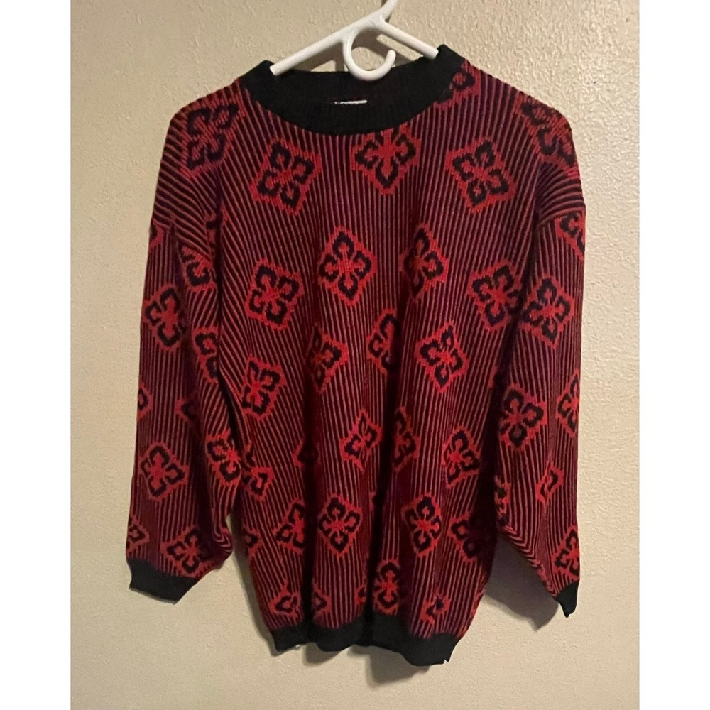 Vintage Brunny Red & Black Geometric Knit Sweater Retro Made in USA Medium